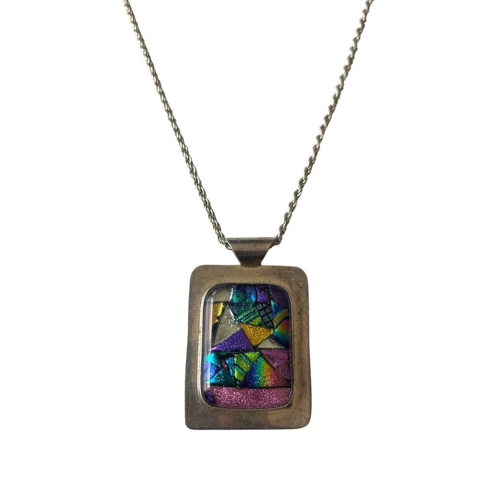 VTG Sterling Silver 925 Taxco Mexico Pink Purple Blue Dichoric Glass Necklace